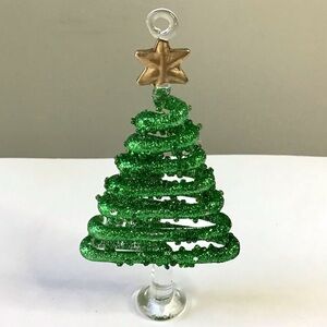 Spiral Spun Glass Christmas Tree Ornament Green Sparkly Glitter Swirl W/Beading